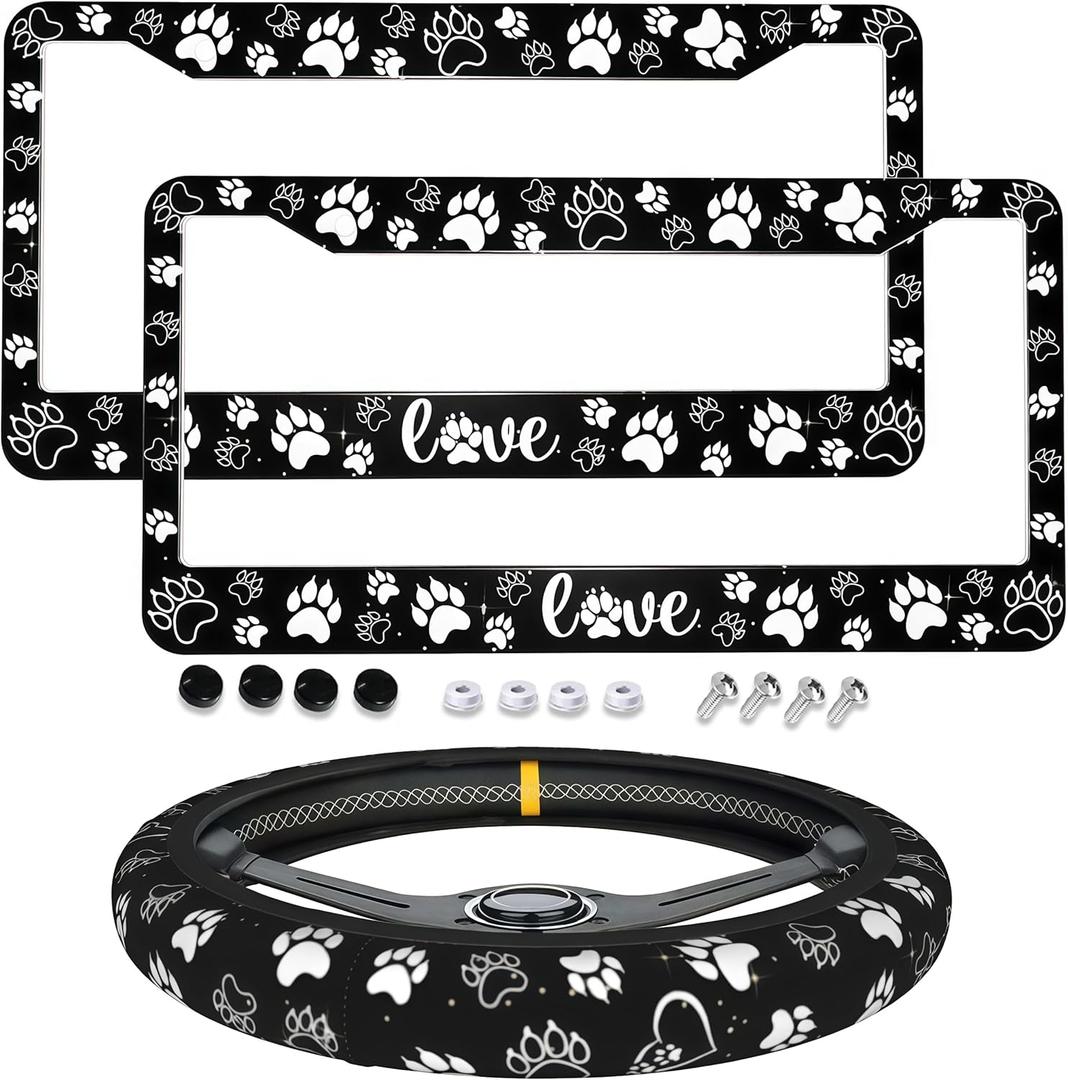 Paw Print License Plate Frame - Dog Paw Print Steering Wheel Cover Funny Cars Decor Aluminum Black and White Love Paws License Plate Frames Fits Us Ca Car Vehicles Steering Wheel Cover (One Size)