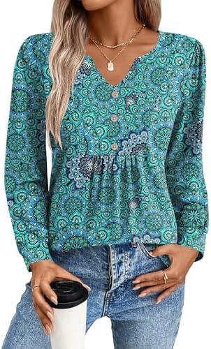 Zeagoo Long Sleeve Shirts for Women 2025 Casual Pleated V Neck Fall Tunic Tops Button Down Blouse Dressy Loose T-Shirts.XXL