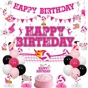 Volleyball Birthday Party Decor Girls Volleyball Happy Birthday Backdrop Banner Hanging Swirls Ball Game Honeycomb Centerpieces Pink Sports Lover Cake Toppers Sports Table Decor for Girls