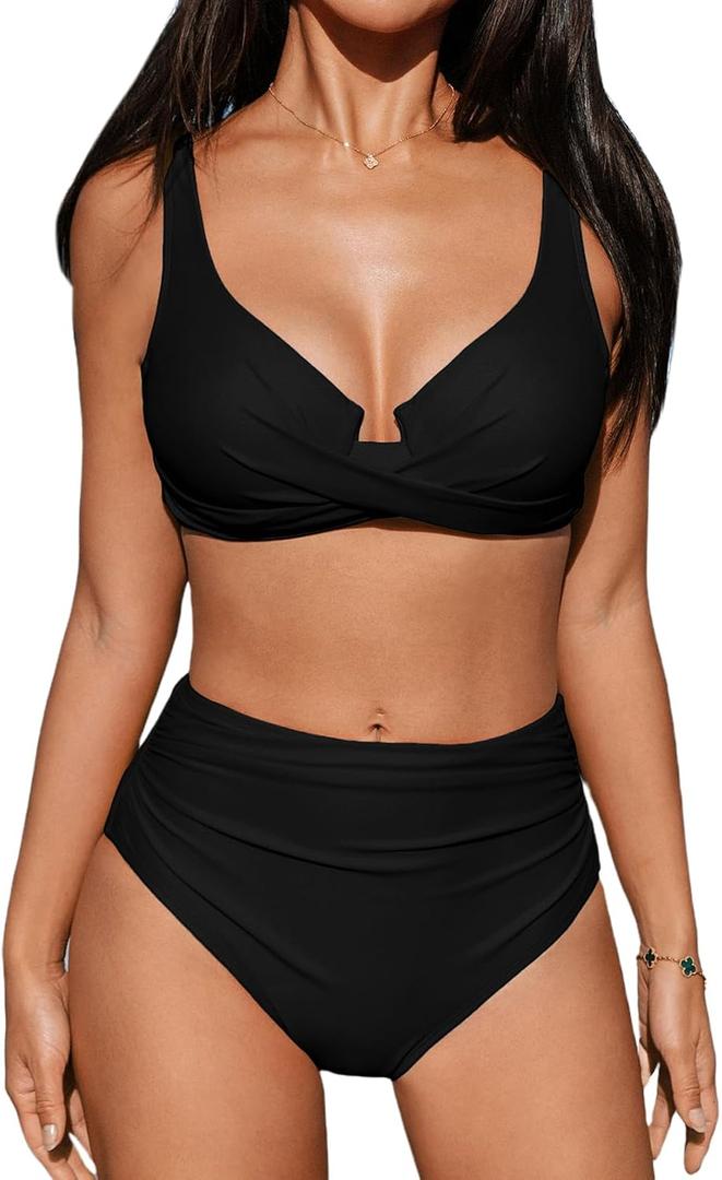 CUPSHE Women's Bikini Sets High Waisted Swimsuit Underwire Adjustable Straps Twisted Hook Full Coverage Bottom (Large, Black)