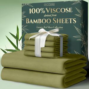 DECOLURE 100% Viscose Derived from Bamboo Sheets Queen Size 6pcs - Ultra Soft & Luxuriously Cooling, 17" Deep Pocket, Double Stitching,Perfect for Hot Sleepers - Queen Bed Sheets (Light Olive)