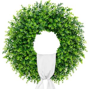 28'' Large Boxwood Wreaths Front Door Artificial Green Spring Wreath with Sash Wreaths for Front Door Farmhouse Greenery Year Round Outdoor Indoor for Summer Wreath St Patricks Day Decoration