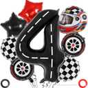 Race Car 4 Balloons, 40 Inch Racetrack Number 4 Balloon, Large Foil Mylar Racetrack Black 4 Balloon for 4 Year Old Birthday Race Car Themed Party Decoration