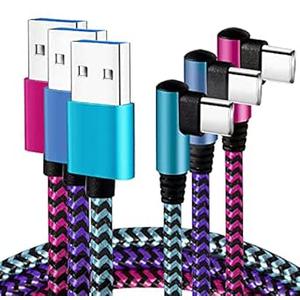 Teeind USB Type C Cable 2.1A Fast Charging: [90 Degree/6ft/3Pack] Nylon USB C Cord Right Angle Compatible with Samsung Galaxy S23/S22/9/Note 10, USB C Charger-Blue/Magenta/Purple