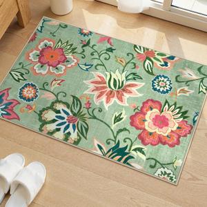 Beeiva Floral 2x3 Washable Rug Non Slip, Ultra Thin Door Mat Indoor Entrance for Kitchen, Non Shedding Green Rug Carpet Entry Way Bedroom Beside Bathroom (Light Green,2'x3')