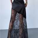 SOLY HUX Women's Satin Lace Maxi Skirt Y2k High Waisted Sheer Silk Party Going Out Long Skirts (Black, S)