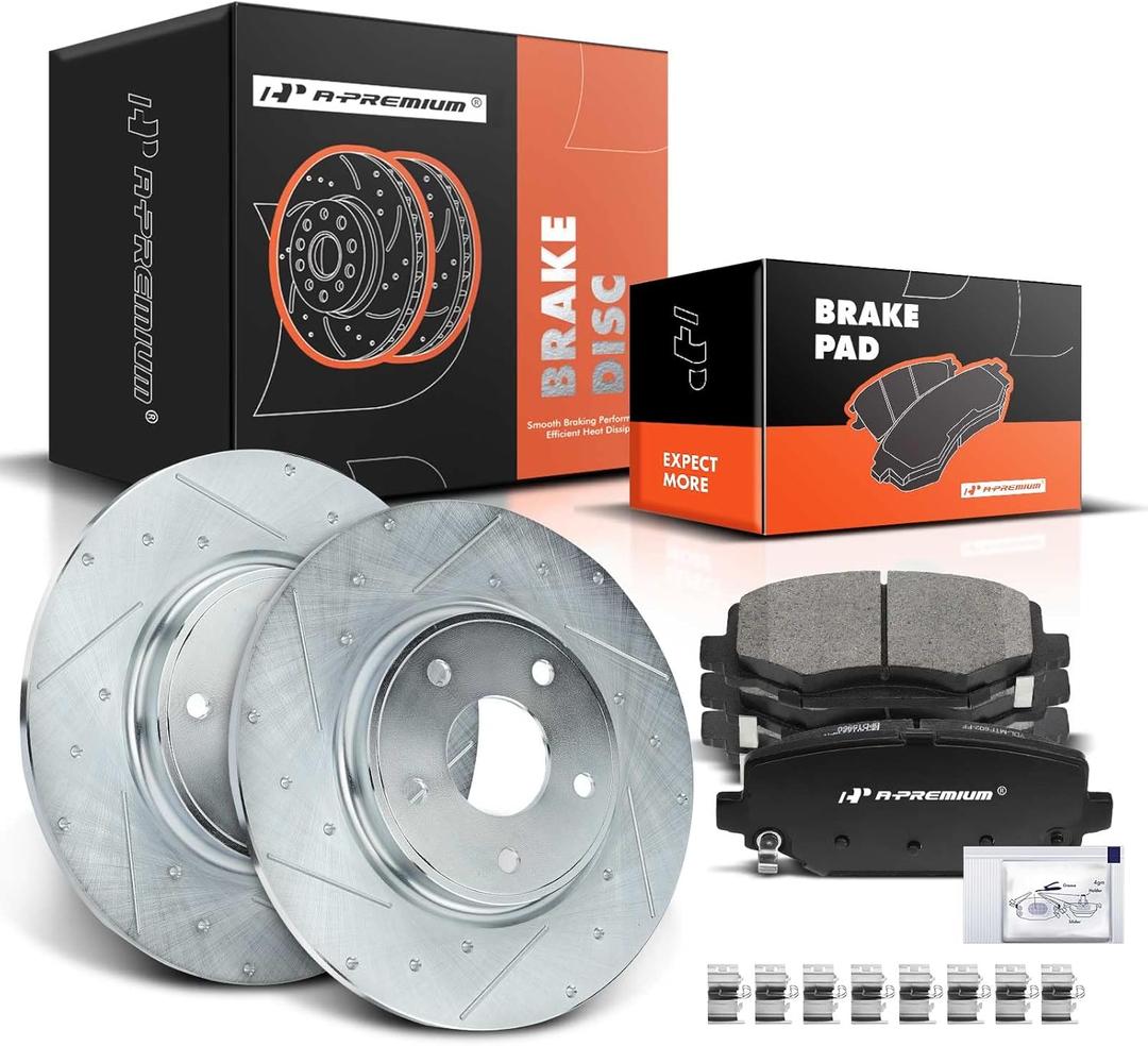 A-Premium 12.91 inch(328 mm) Rear Drilled and Slotted Disc Brake Rotors + Ceramic Pads Kit Compatible with Select Dodge, Chrysler, Volkswagen and Ram Models - Grand Caravan, Town & Country, Journey, 2 Packs
