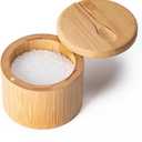 Bamboo Salt Cellar, Salt Box with Magnetic Swivel Lid, Spice Box with Spoon, Round Salt Container for Storing Salt Pepper Sugar Herbs,6 Ounce Capacity
