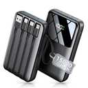 Power Bank, 15000mAh Portable Charger with Built in Cable, 22.5W Fast Charging, 6 Outputs, Slim Travel Essential Battery Pack with LED Display, Compatible with iPhone 17/16/15/14/13, iPad Black