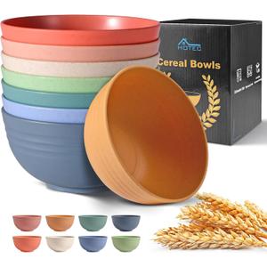 HOTEC BPA Free Unbreakable Wheat Straw Cereal Bowls - Microwave & Dishwasher Safe Soup and Salad Bowls, Set of 8, 26oz, Multicolor