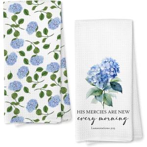 Giosve Christian Hydrangea Floral Kitchen Towels, His Mercies are New Morning Bible Verse Decorative Hand Towels for Bathroom, Religious Blue Floral Dish Tea Towel for Kitchen, 16x24 Inch Set of 2
