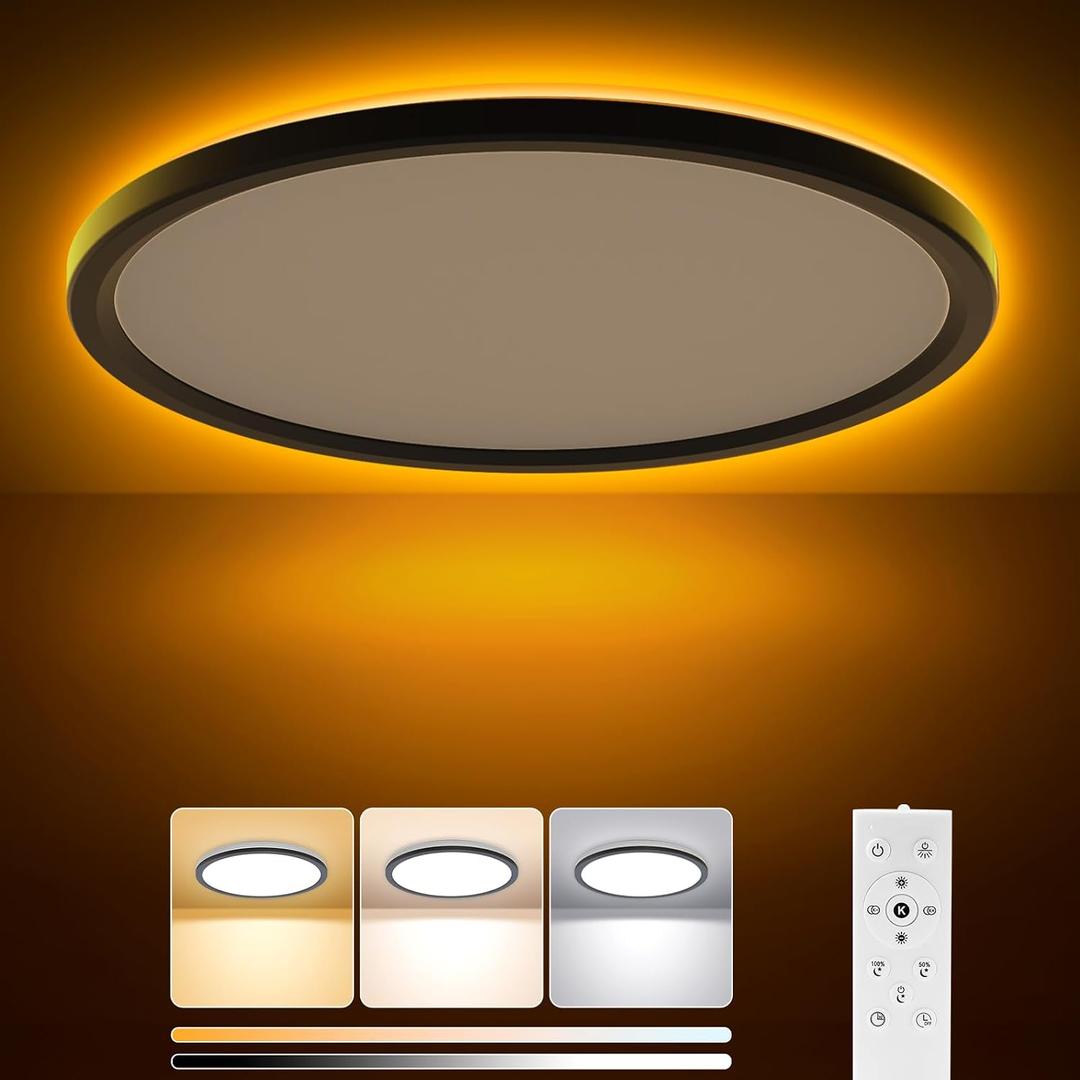 15 Inch LED Flush Mount Ceiling Light with Remote, 36W 3600LM 1800K/2700K/4000K/6500K Dimmable Ceiling Light with Night Light Low Profile Wired Ceiling lights for Bedroom,Dining Room,Living Room-Black