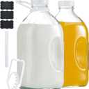 Glass Milk Jugs Bottles - Half Gallon / 2Qt Container Pitcher with Airtight Screw Lids and Handle for Milk, Breastmilk, Juice, Iced Tea, Cold Water, 64 OZ Set of 2