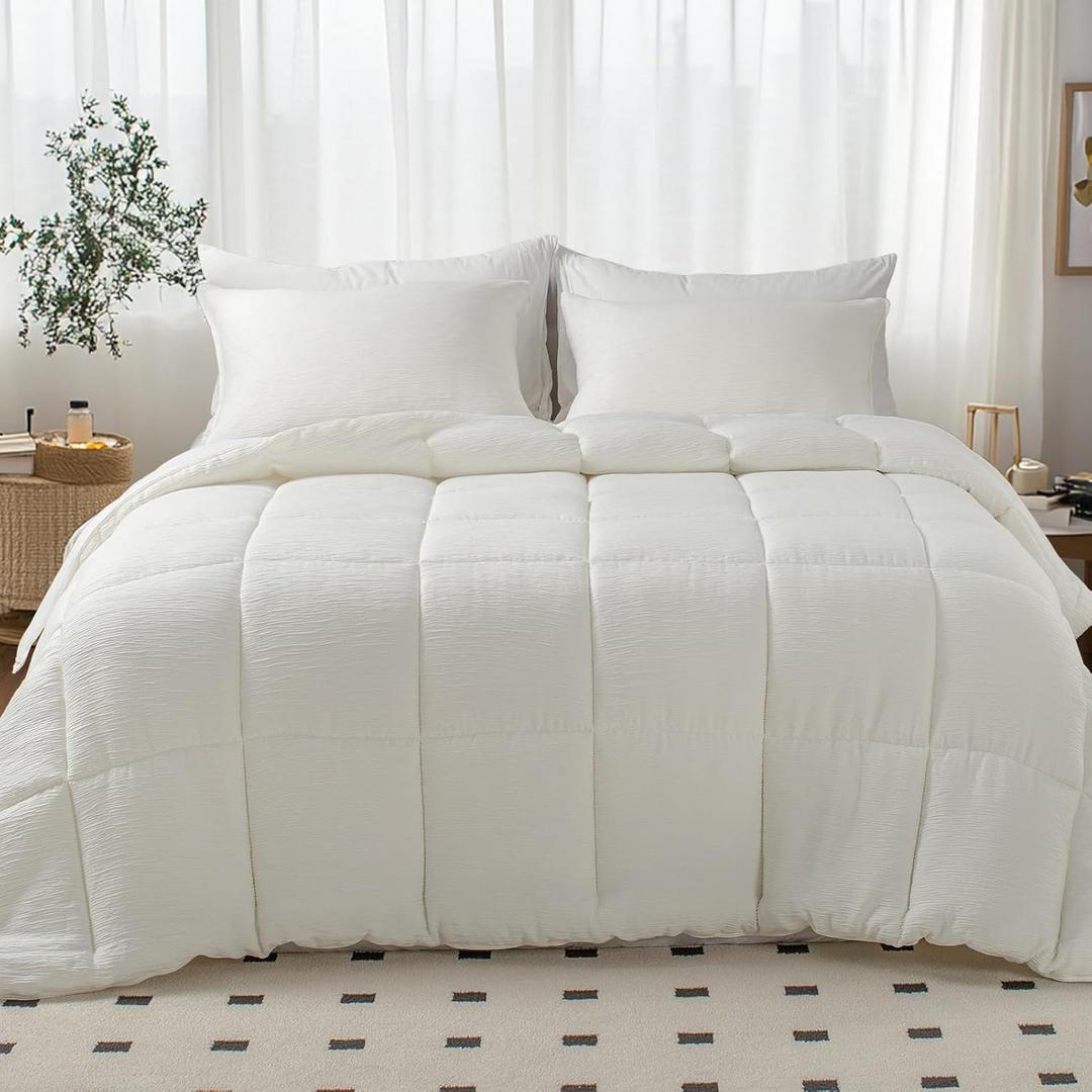 KASENTEX Crinkle Comforter Set Queen Size,Fluffy Lightweight 3-Piece Bed Set,Soft Warm Down Alternative Duvet Insert,Breathable Muslin Comforter,Machine Washable, All-Season, White