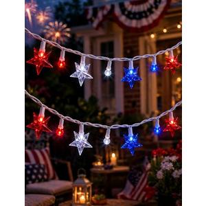 13.6FT Red White Blue Star Lights with G15 LED Bulbs, Patriotic String Lights for 4th of July & 250th Semiquincentennial Celebration, Outdoor Independence Day Decor, Connectable, 35 LED, White Wire