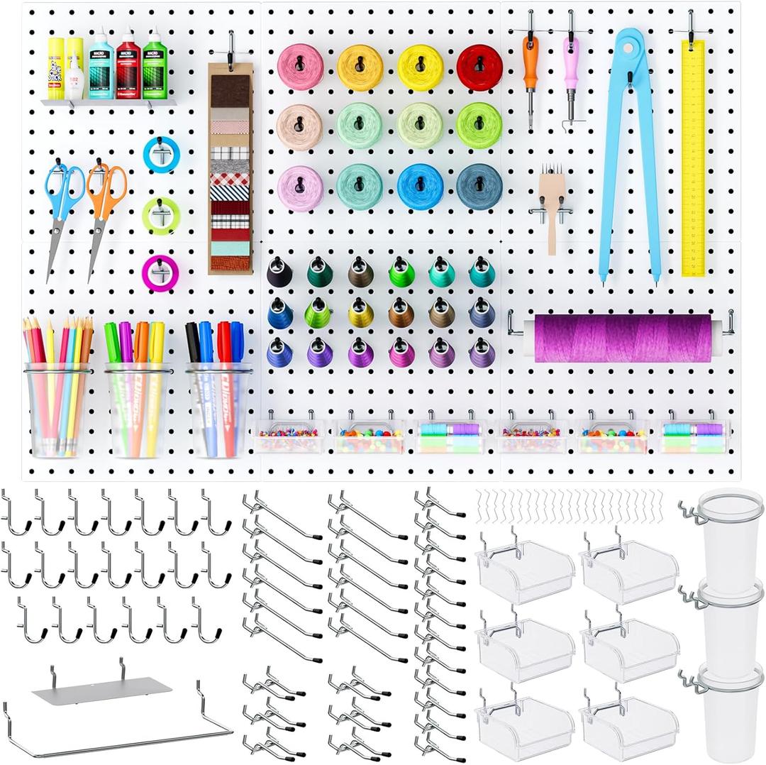INCLY 90PCS Metal Peg Board Kit with 1/4" Pegboard Accessories, 6 Pack White Peg Board Panels, Bins, Cups and Peg Board Hooks, Paper Towel Holder,Pegboard Wall Organizer for Craft Room, Office, Sewing