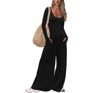 UNIANKIYA One Piece Jumpsuits for Women Casual Long Sleeve Wide Leg Overalls Dressy Rompers Vacation Fall Outfits 2025 (Large, Black)