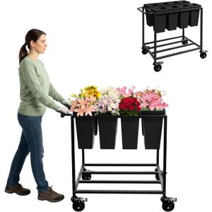 Flower Cart with 8 Buckets,Flower Cart Display Stand with Wheels,Bloom Bar,Flowers Stand for Wedding ,Party and Home Decor,Black
