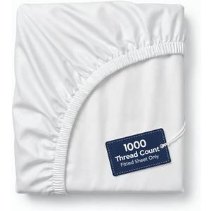 100% Egyptian Cotton Fitted Sheet Only - 1000 Thread Count Cotton Fitted Sheet, Soft, Durable, Cooling 16" Deep Pocket Sateen Weave Bottom, Luxury Hotel Quality (White, Twin XL)