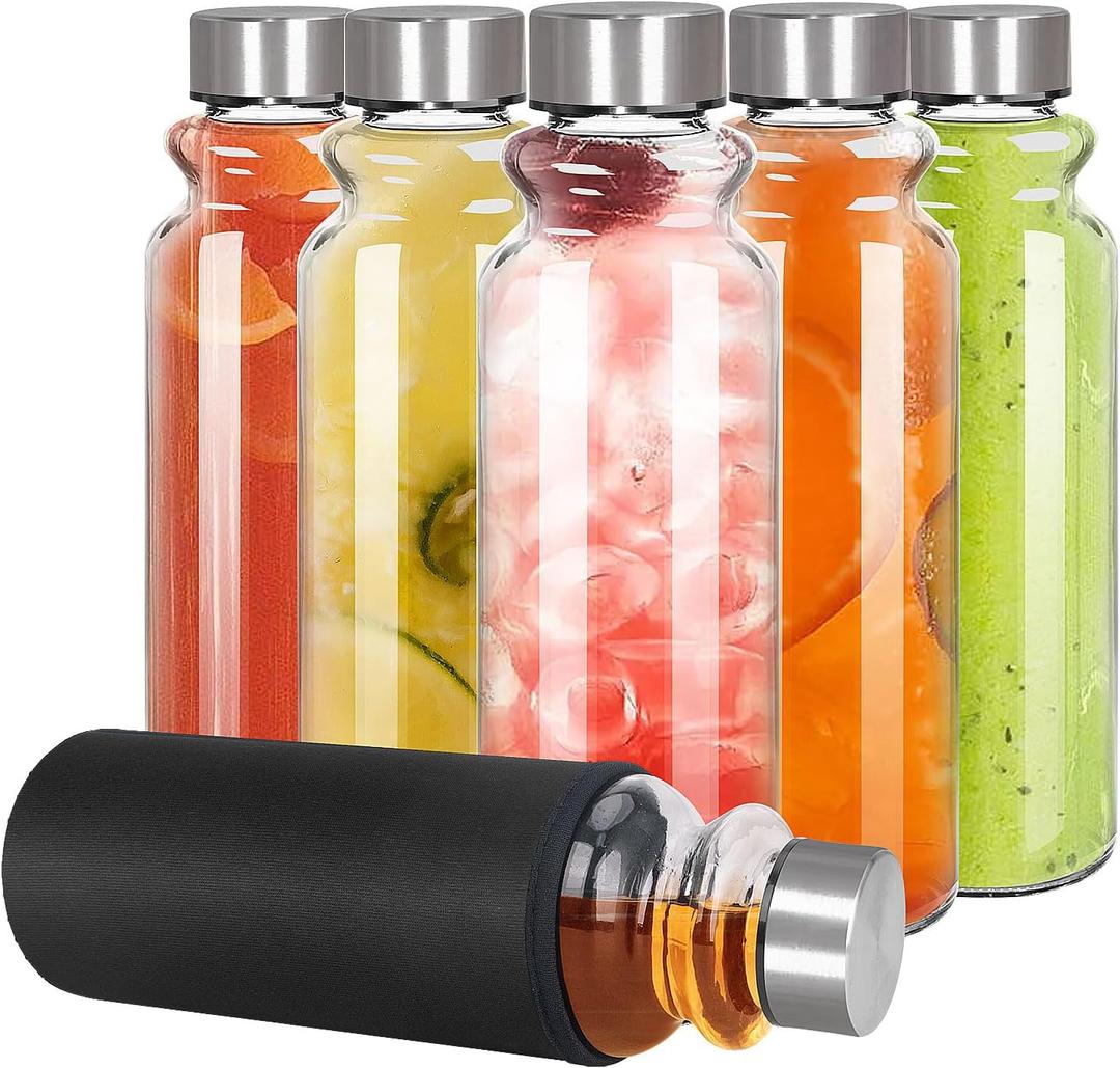 Glass Water Bottles Set of 6, 18 oz, Reusable Water Bottle with Lids, LeakProof Juice Bottles, BPA Free, Container Bottle for Refrigerator, Suitable for Beverage, Milk, Soda