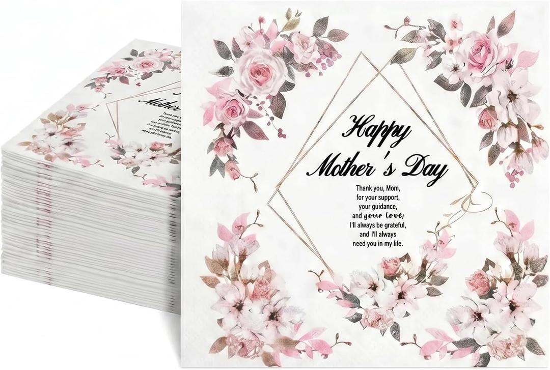 80Pcs Mothers Day Floral Paper Napkins, 2-Ply Disposable Napkins for Mothers Day Decoration, Elegant Pink Flower Design, Party Supplies for Mothers Day Celebration 6.5 x 6.5 Inch