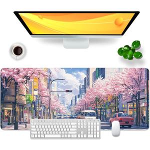 Japan Large Mouse Pad Cherry Blossom Desk Pad Anime Desk Mat XL Flower Gaming Mouse Mat 31.5x11.8x0.12 inch (Japan Streets)