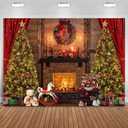 Mocsicka 10x8ft Christmas Backdrops for Photography - Vintage Fireplace, Xmas Tree, Toy Bear & More for Family Holiday Party Supplies