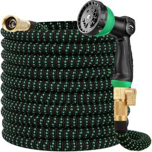 100 ft Expandable Garden Hose - Kink Free Flexible Water Hose with Thumb-Controlled 10-Function Nozzle, 3/4 Solid Brass Connectors, Retractable Latex Core - Lightweight Expanding Hose
