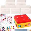 Teenyyou 14 Pcs Paint Your Own Ceramic Jewelry Boxes Craft Set Include 6 Unpainted Jewelry Storage Organizer 2 Strips of Paints with 2 Brushes 1 Palette 3 Diamond Stickers(Unfinished Square)