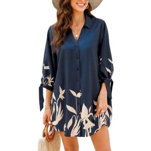 CUPSHE Women Mini Summer Dress Cover Up Oversize Floral Shirt 3/4 Sleeve Cuff Tie Button Down Beach Dresses Cover Up Top (Blue, XXL)