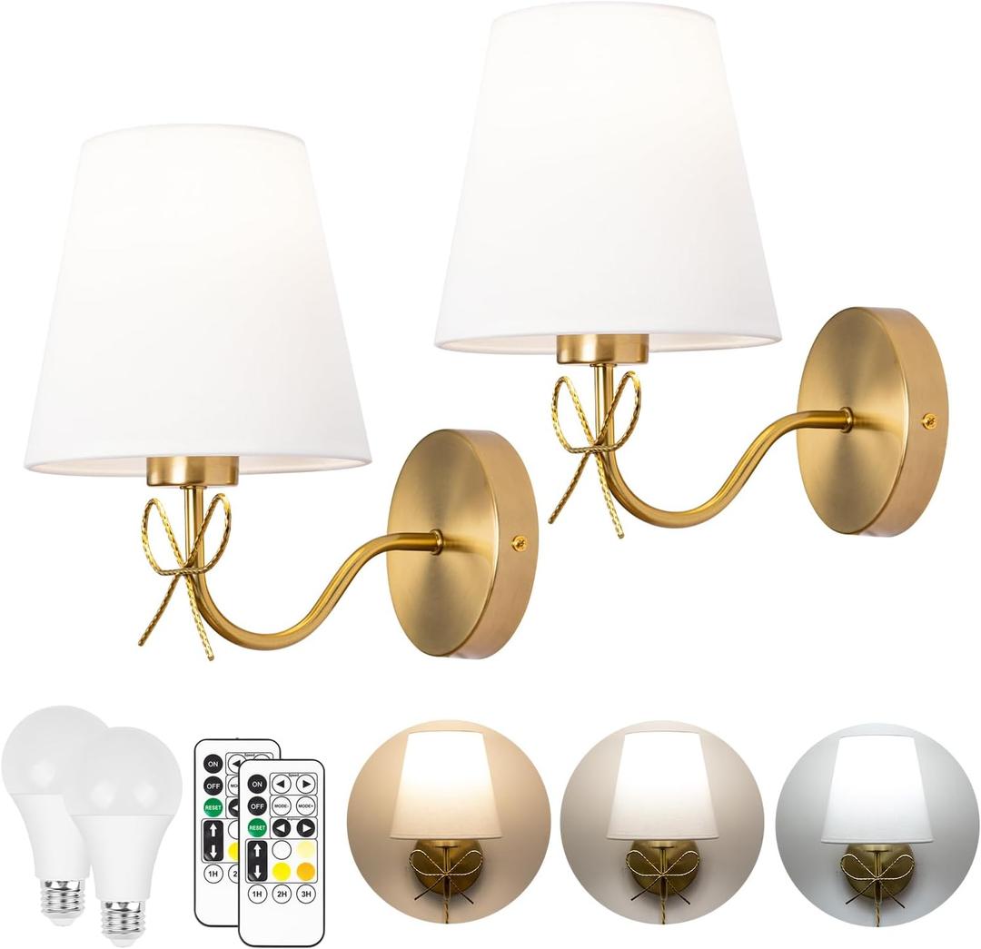 TREELAND Antique Brass Bow Wall Sconces with 110V Dimmable Remote Bulb, 3 Color Tempture, Timmer Function, Hardwire or Plug-in Cord Set of Two Vintage Gold Wall Lamp Light for Bedroom Living Room