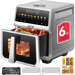 Stainless Steel Air Fryer 6 Qt, Ceramic glaze Air Fryer, Stainless Steel Housing& Full Metal Inner Pot, PTFE and PFAS Free, 9 Digital One-Touch Cook Functions,120F~450F, 1700W