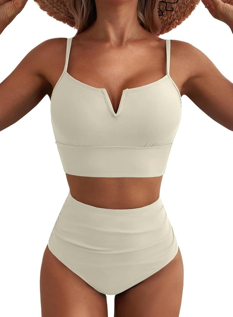 Herseas High Waisted Bikini Sets for Women - V Wire Two Piece Swimsuits Swim Suits 2026 Tummy Control Bathing Suit (S)