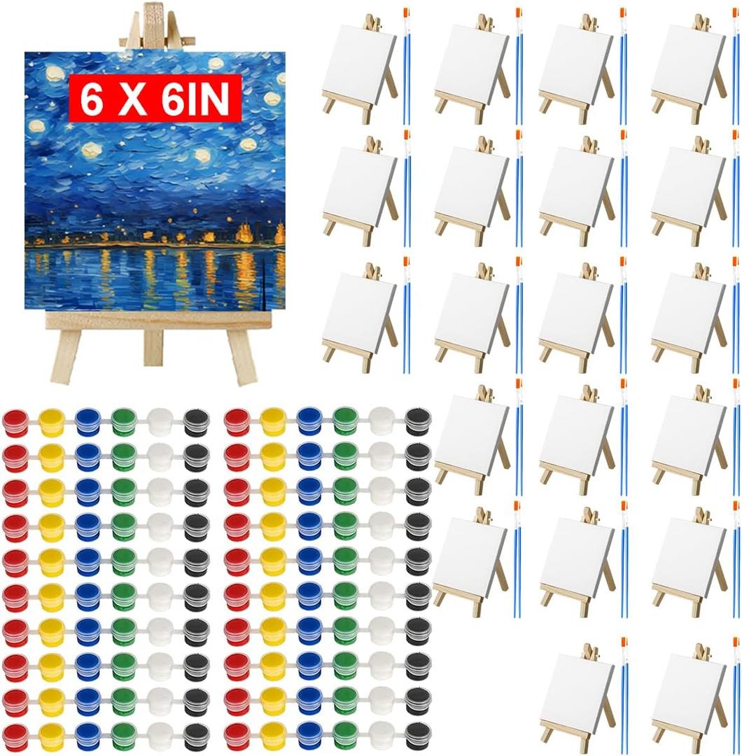 20 Pack 6 x 6 inch Mini Canvas and Easel Set, Mini Canvases for Painting with Wood Easels, Acrylic Paints, and Brushes, Small Canvas Painting Kits for Adults Students Beginners