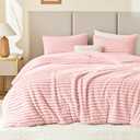 EXQ Home Fluffy Comforter Set Queen Size - Super Soft Faux Fur Stripe Jacquard Comforter 3 Pieces, Pink Fleece Bedding Set,Winter Warm Bed Set,1 Comforter with 2 Pillowcases