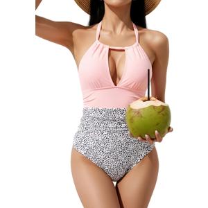 B2prity Women's One Piece Swimsuit Tummy Control Halter Bathing Suit Slimming Supportive Long Torso Friendly Swimwear Medium, Light Pink Print