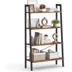 VASAGLE Ladder Shelf, 4-Tier Bookshelf, Storage Rack, Bookcase with Steel Frame, for Living Room, Home Office, Kitchen, Bedroom, Industrial Style, Rustic Brown and Ink Black ULLS144B01