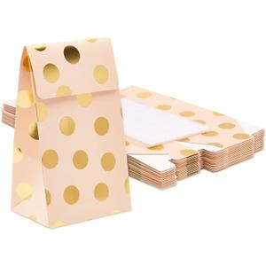 BLUE PANDA Goodie Bags Rose Gold Polka Dot Pink Paper - 24 Pack, Pink & Gold, 5.5 x 8.6 x 3 In - Paper Gift Bags with Flap Closure & Polka Dot Design for Birthday & Baby Shower Favors