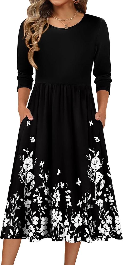 Zeagoo 3/4 Sleeve Women's Dress Casual Flowy A-Line Midi Tshirt Dresses with Pockets Crewneck Vocation Boho Beach Sundress, S