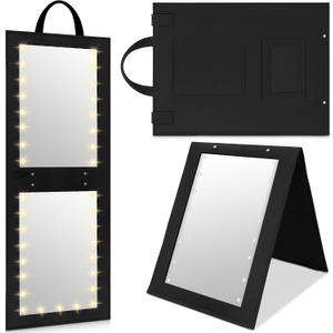 1 Pack Foldable Full Length Travel Mirror with Full Light 25.2x11.8 Inch Foldable Hanging Backstage Mirror LED Double Side Lights for Travel Camping Dance Competition Home Fitness Gift(Black)