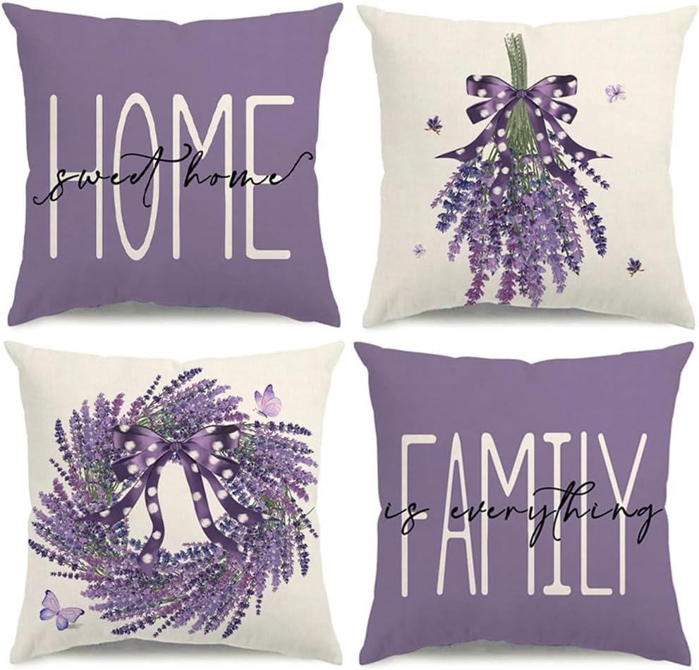 Spring Summer Pillow Covers 18x18 Lavender Wreath Spring Summer Decorations Home Sweet Home Purple Throw Pillow Covers Family is Everything Farmhouse Cushion Case for Sofa Couch Set of 4