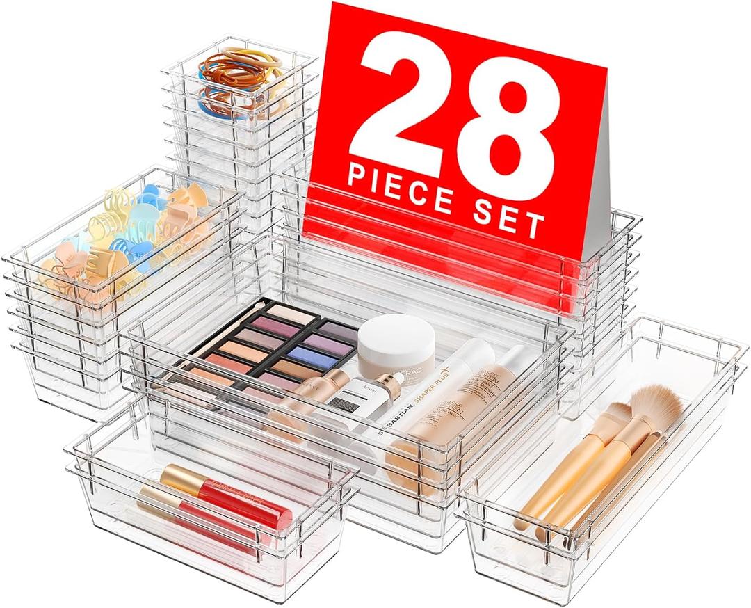 28PCSA-LUGEI Drawer Organizer, Bathroom Organizers and Storage, Makeup organizer, Desk drawer organizer, Storage Bins for Kitchen Office Bedroom Vanity Jewelry Pantry GarageClear4Size