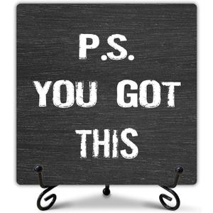 2 x Funny Office Decor, P.S. You Got This Sign with Stand, Cute Desk Decor, Inspirational Gifts for Women Men, Family Friends Colleagues, Funny Wooden Signs for Office Desk Accessories-B10