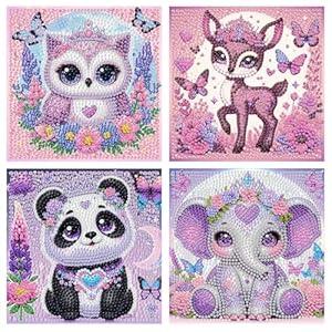 Diamond Art Kits for Kids, 4 Pieces Cartoon Animals Diamond Painting Kits for kid Beginner Ages 4-8-12, 5D Full Round Drill Gem Art Arts and Crafts, Mosaic Kits for Gift Home Wall Decor Kids 6X6 inch