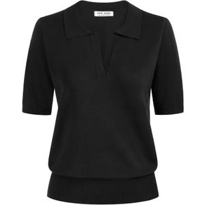 Kate Kasin Women Short Sleeve Polo Sweater V Neck Knitted Tops Casual Ribbed Shirt Loose Pullover Sweater (Large, Black)