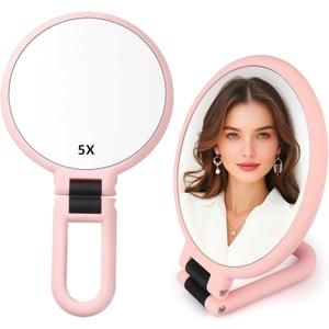 1X 5X Handheld Mirror with Handle for Travel Magnifying Mirror, Magnification, Rotation Adjustable Handle, Double Sided Folding, Mirror for Women for Eyes Makeup Travel Table Desk Shaving (Pink)