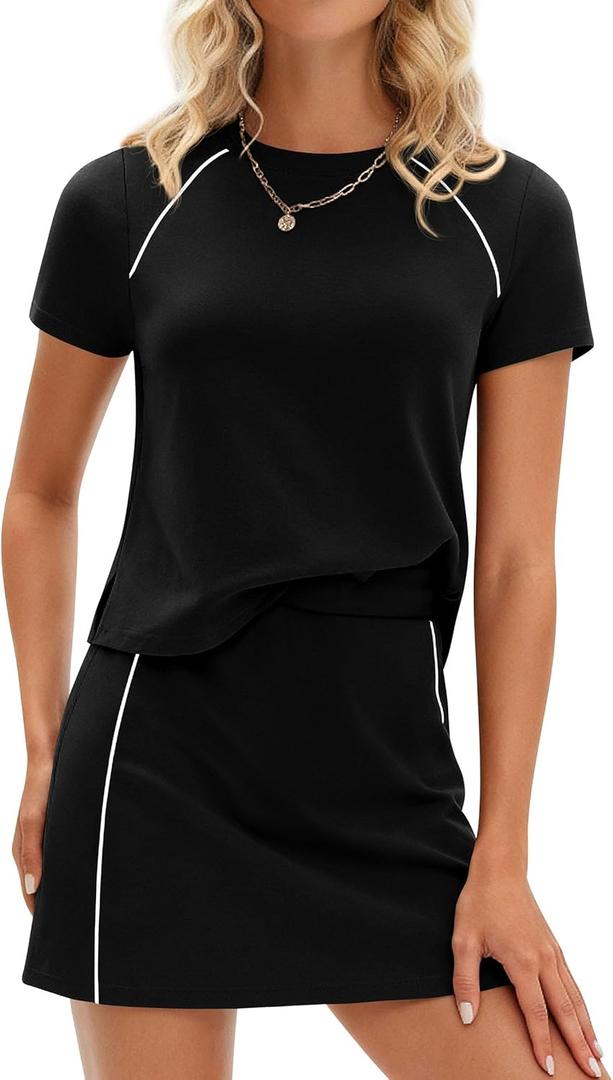 PRETTYGARDEN Women's 2026 Summer 2 Piece Skirt Sets Short Sleeve Shirts Tops Skorts Matching Workout Clothes Travel Outfits (Small,Black)
