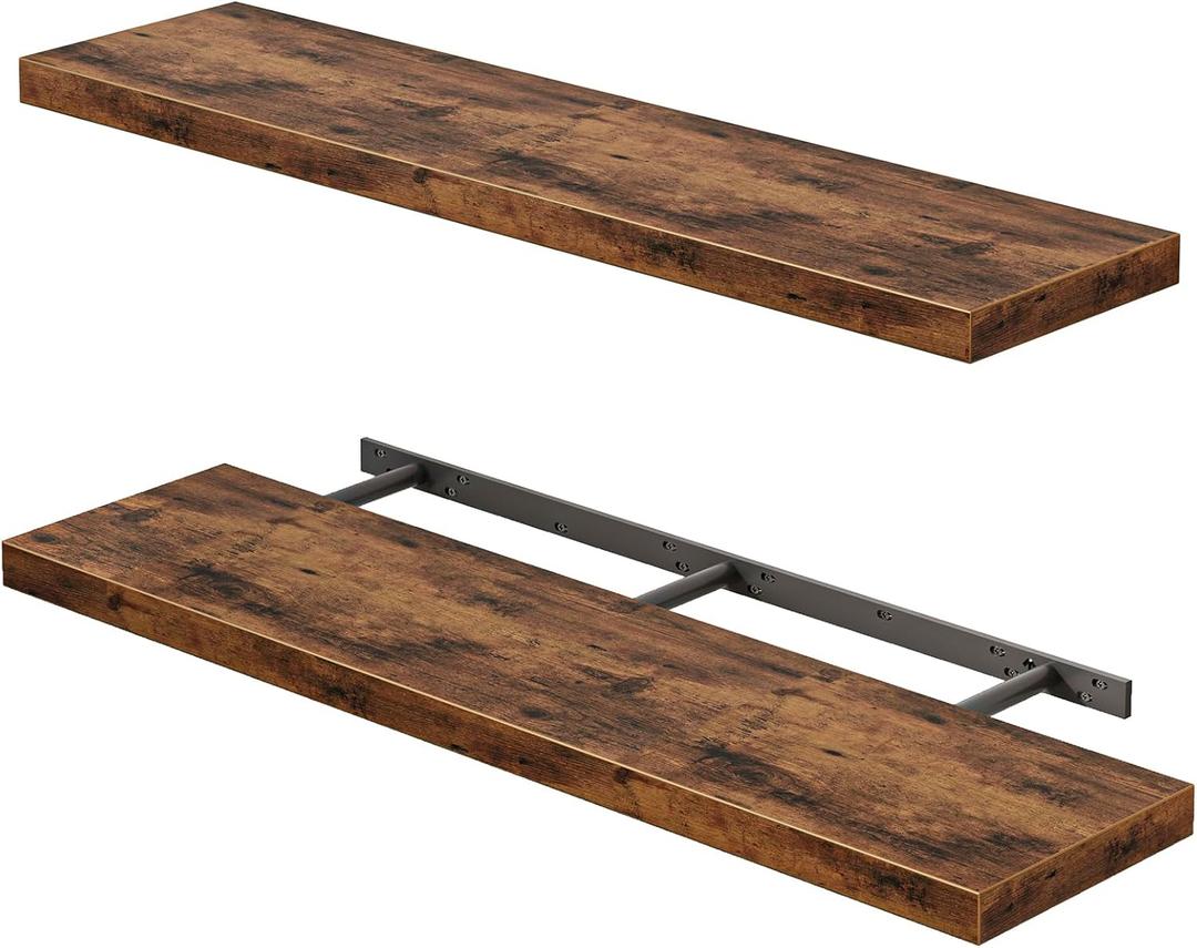 Fixwal Wall Shelves, 35" Long Heavy Duty Wall Mounted Rustic Wood Shelves for Living Room, Bedroom, Bathroom and Kitchen, Wall Shelves for Storage, Books, Room Decor (Rustic Brown, Set of 2), 35in