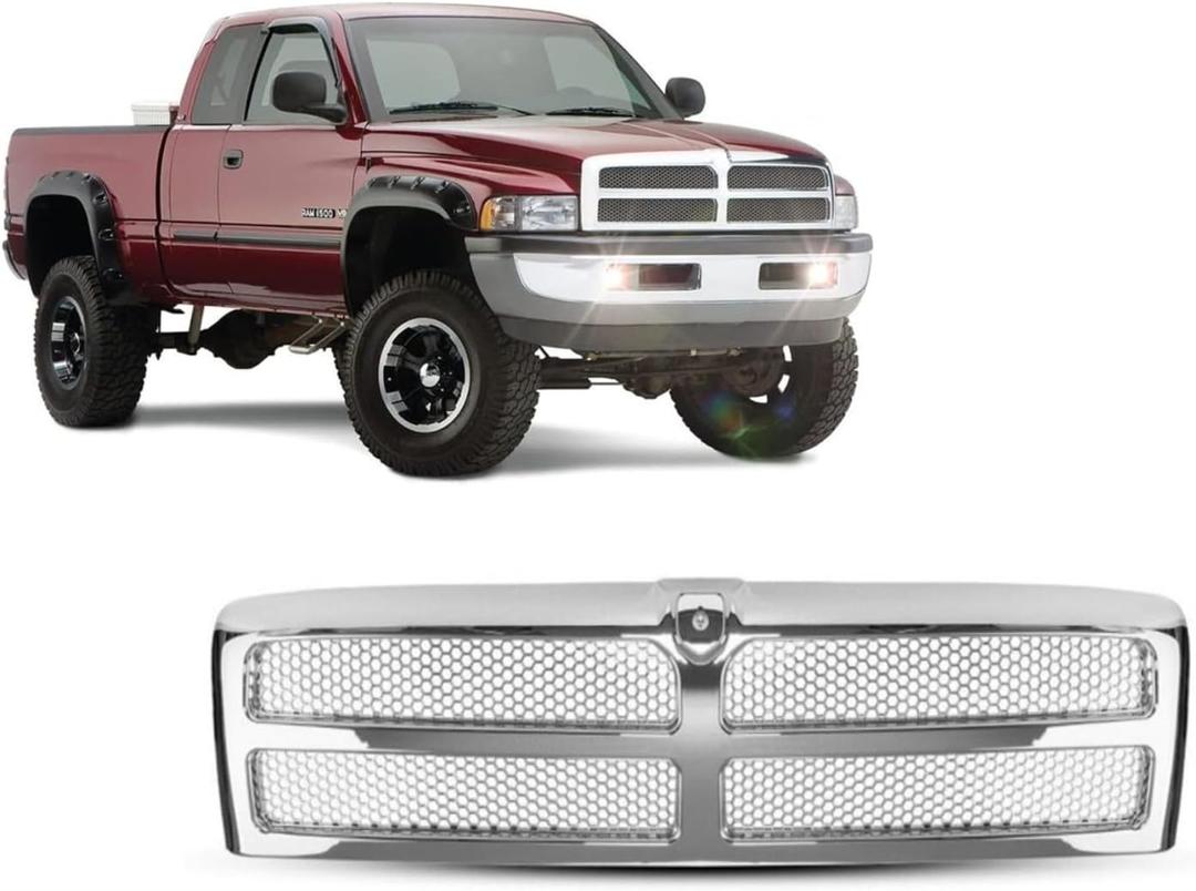 Chrome Front Grille With Honeycomb Mesh Insert - Compatible With Dodge Ram 1500, 2500, 3500 (1994-2002)