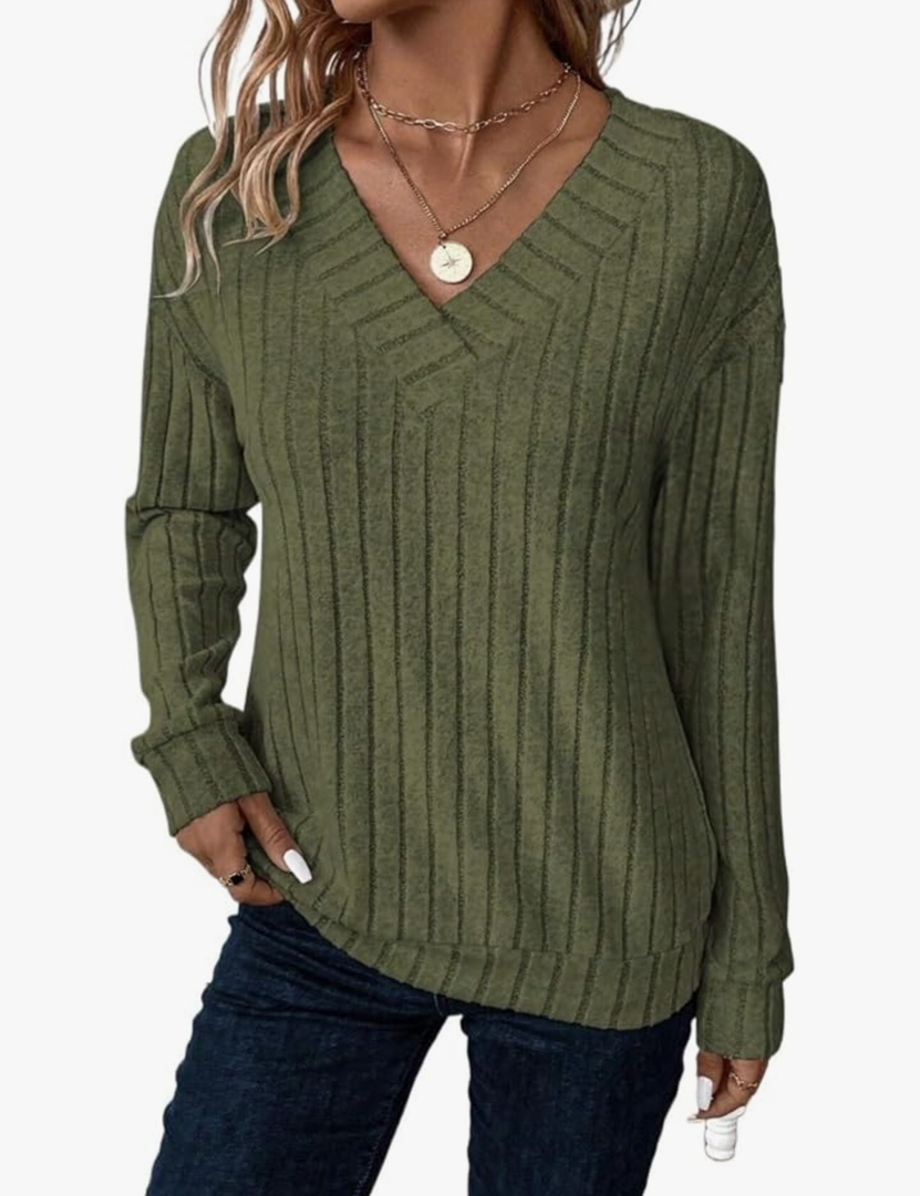 Womens Casual V-Neck Drop Shoulder Long Sleeve Ribbed Casual Pullover Pullover Tops 2XL